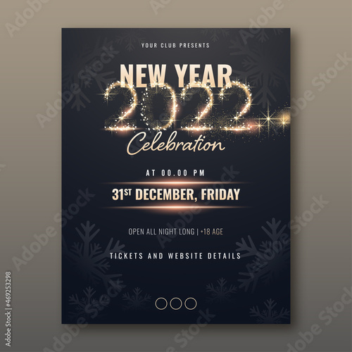 2022 New Year Celebration Flyer Design With Lights Effect And Snowflakes In Black Color.