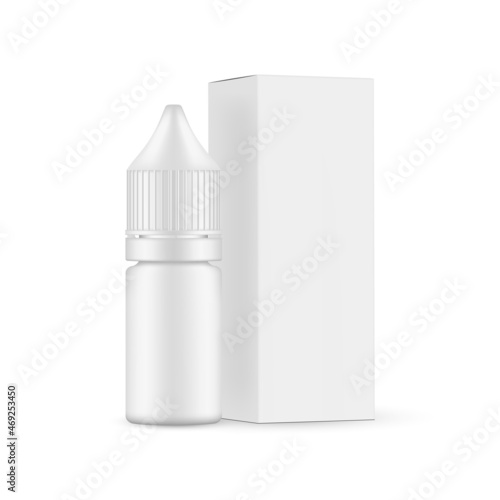 Small Dropper Unicorn Bottle with Paper Box Side View, Isolated on White Background. E-liquid vial Mockup. Vector Illustration