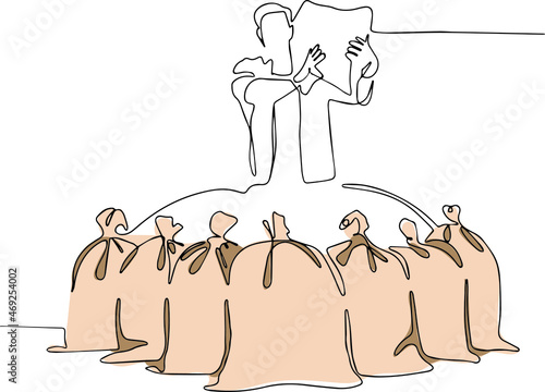 Continuous one line drawing of farmer posing with burlap sacks. Minimal outline concept. Old fermer with crossing hands in the hat standing in the golden field and turning.