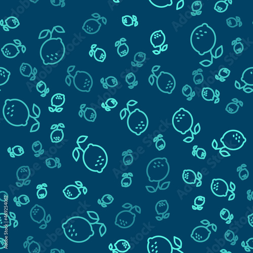 Green line Lemon icon isolated seamless pattern on blue background. Vector