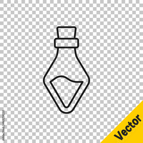 Black line Bottle with potion icon isolated on transparent background. Flask with magic potion. Happy Halloween party. Vector