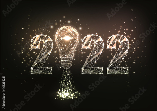 Abstract 2022 vision, startup concept banner in futuristic glowing polygonal style on black