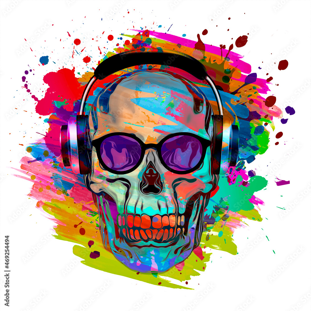 Colored skull with earphones in eyeglasses with creative abstract colorful spots elements on white background
