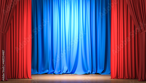 blue and red curtains with wooden floor.