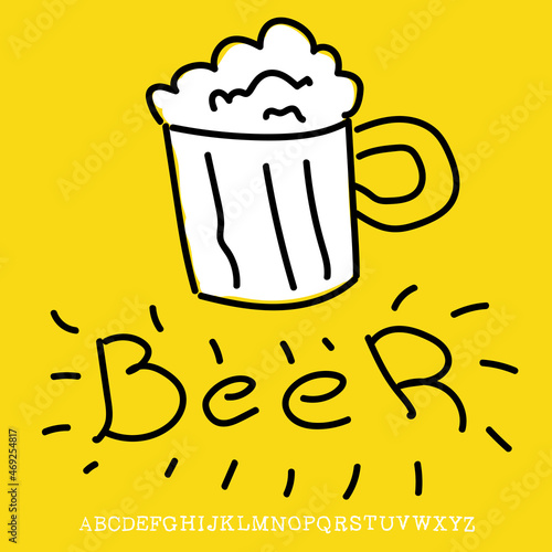 A hand-drawn beer mug logo. Vector sketch on a yellow background