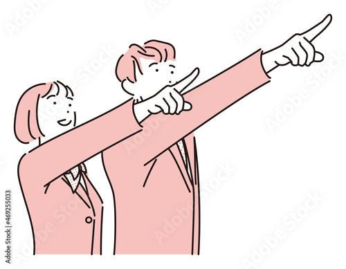 シンプル　イラスト　未来を指差す制服姿の学生　男の子　女の子