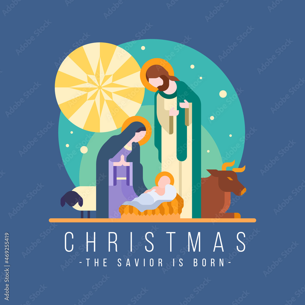 Obraz christmas, the savior is born - The Nativity with mary and joseph in a manger with baby Jesus modern style vector design fototapeta, plakat