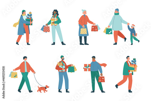 Set of people holding christmas presents. Men and women in winter clothes carry new year presents and shopping bags. Seasonal sale concept. Modern flat vector illustration