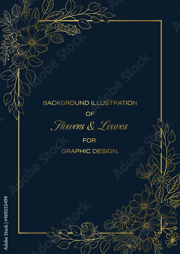  Flowers and Leaves Frame Design, Golden Line-drawing on Navy Background