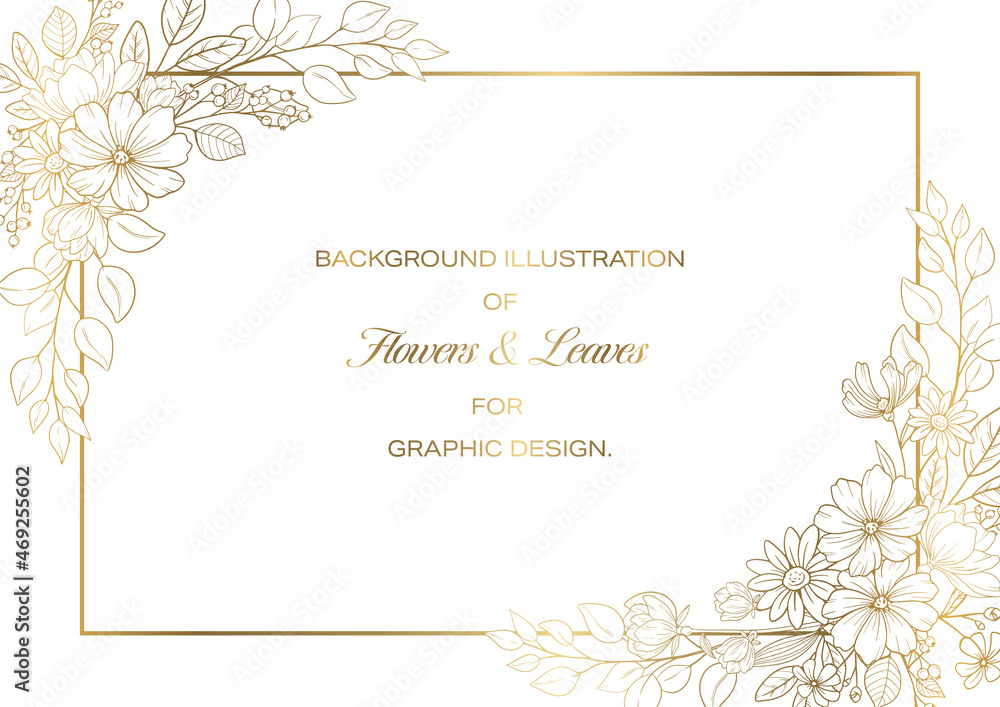 Flowers and Leaves Frame Design, Golden Line-drawing on White Background