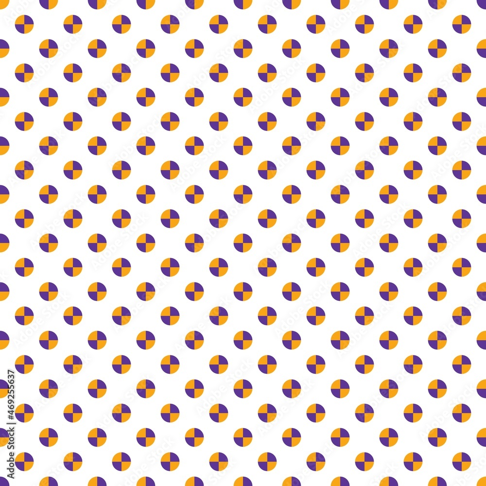 Orange and purple polka dots, seamless pattern on white background. Vector illustration. Happy Halloween. Orange and purple polka dots, seamless pattern on white background. Vector illustration. Happy Halloween.