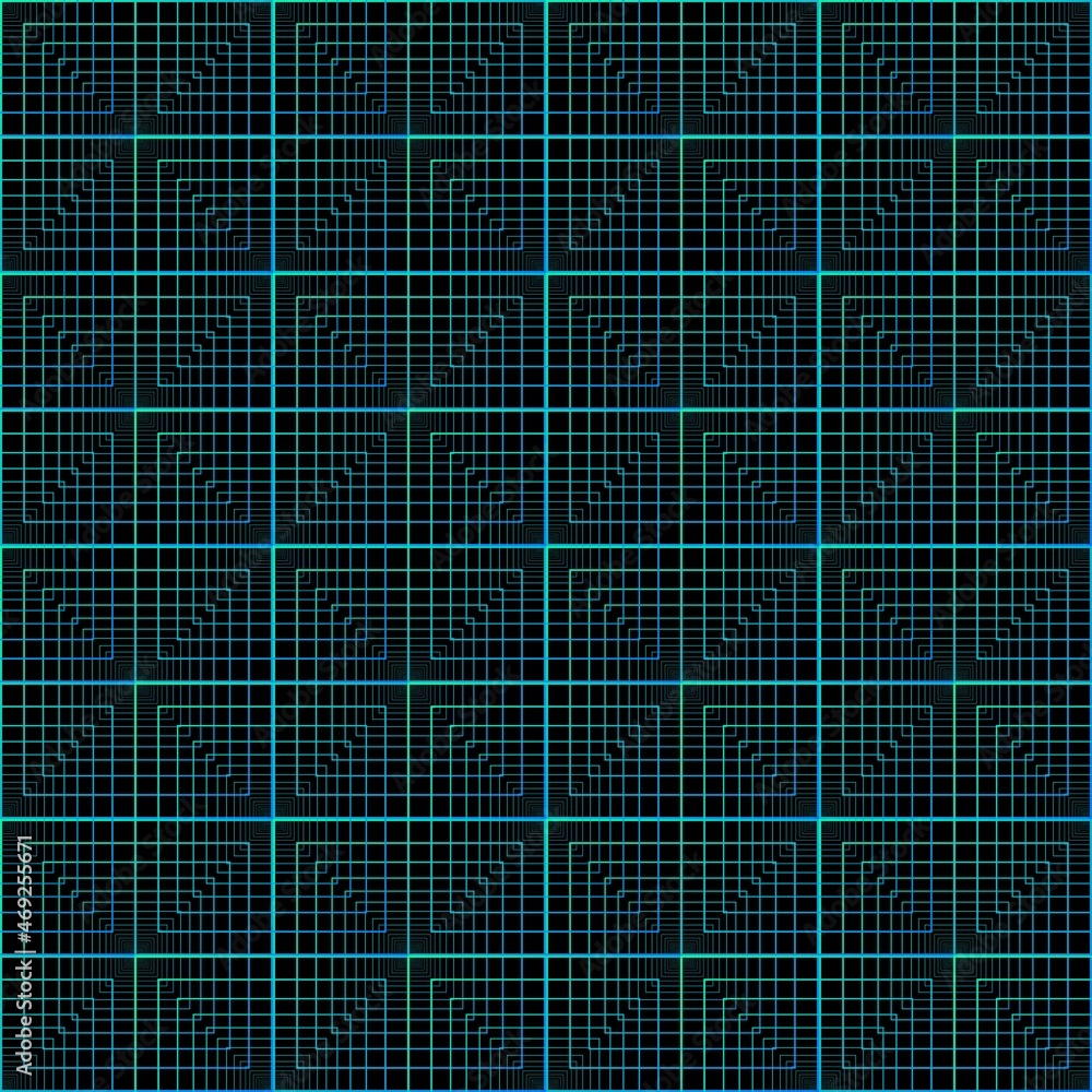 Abstract green and blue stacked square frame spirograph shapes seamless technology pattern on the black background. Vector illustration. Wrapping paper. Abstract green and blue stacked square frame spirograph shapes seamless technology pattern on the black background. Vector illustration. Wrapping paper.