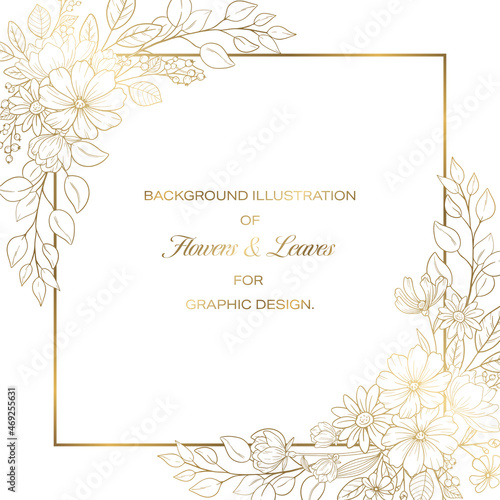 Flowers and Leaves Frame Design, Golden Line-drawing on White Background