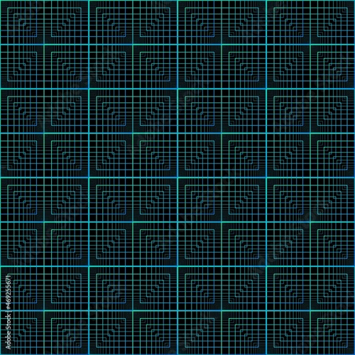 Abstract green and blue stacked square frame spirograph shapes seamless technology pattern on the black background. Vector illustration. Wrapping paper.