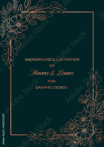 Flowers and Leaves Frame Design, Pink-gold Line-drawing on Moss-green Background