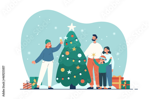 Happy family celebrating christmas near tree. People spending time together outdoor with gifts and sparklers. New year and winter holidays concept. Modern flat vector illustration