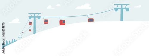 Winter Mountain Resort Landscape with Funicular and Spruces. Ski Resort With Cableway Over Fir Trees and Cloudy Sky