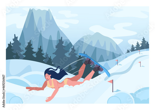 Female character in bikini falling in a snow bank. Snowboarder fell down