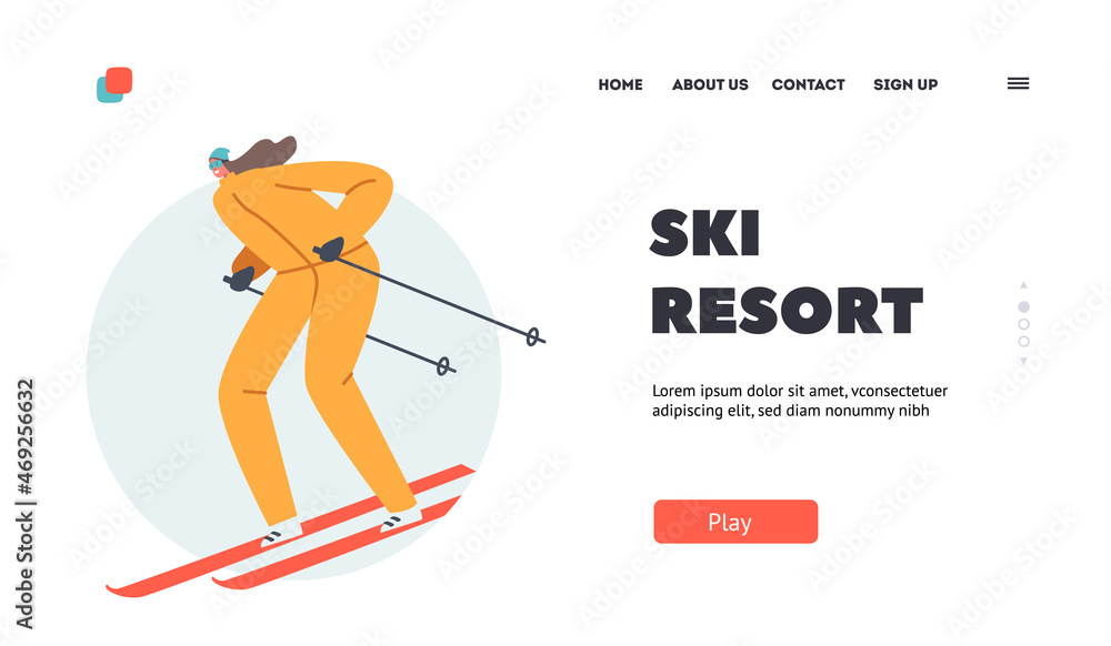 Ski Resort Landing Page Template. Young Woman Character Winter Sports. Girl Wear Warm Sportive Costume and Goggles