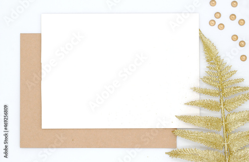 Christmas festive mockup for postcard or letter, top view and flat lay, blank banner with blank space, new year concept on white background