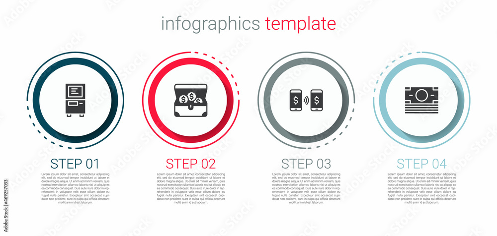 Set ATM, Treasure chest, Money payment transfer and Stacks paper money cash. Business infographic template. Vector