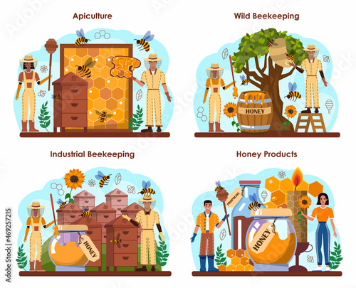 Hiver or beekeeper concept set. Apiculture farmer gathering honey.