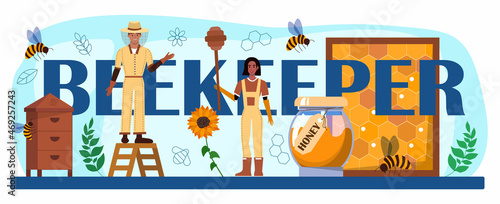 Beekeeper typographic header. Apiculture farmer gathering honey