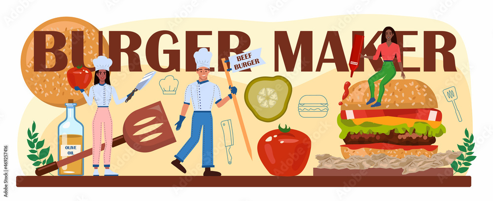Burger maker typographic header. Fast food, burger house. Chef cook Burger maker typographic header. Fast food, burger house. Chef cook