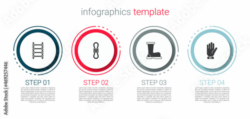 Set Fire escape, Climber rope, boots and Firefighter gloves. Business infographic template. Vector