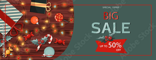 Flat vector banner Big Christmas sale. Cartoon Christmas template with festive decorations and food. New Year s card with a Christmas wreath, toys and garlands. Background for postcards and