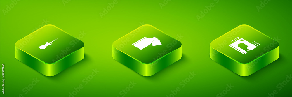 Set Isometric Sewing pattern, machine and Awl tool icon. Vector