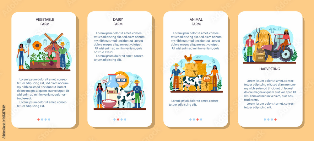 Farmer mobile application banner set. Farm worker growing plants Farmer mobile application banner set. Farm worker growing plants
