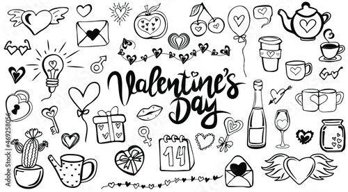 Doodle set elements of Valentine s Day and Wedding. Collection in Black and White. Vector illustration.