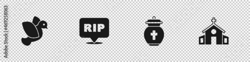 Set Dove, Speech bubble rip death, Funeral urn and Church building icon. Vector