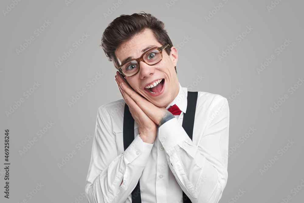 Nerdy man awing with opened mouth