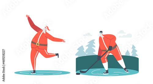Santa Claus Hockey Player Hitting Puck with Stick and Skating on Ice Rink. Christmas Character Sportsman Activities