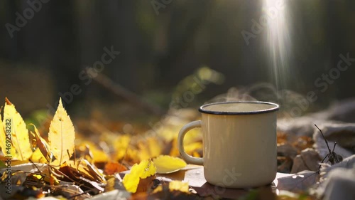 Unrecognizable young woman picnic in autumn forest on nice sunny day. Detail view hand take steaming mug with hot tea while sitting on dry leaves 