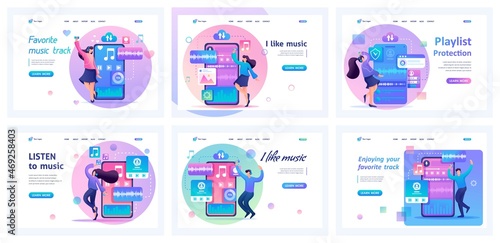 Collection of landing pages. Teenagers listen to music, enjoy, dance, have fun. I love music. 2D characters