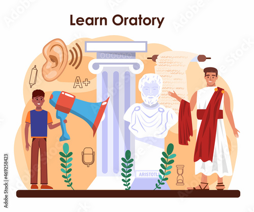 Rhetoric school class. Students training public speaking and debates.