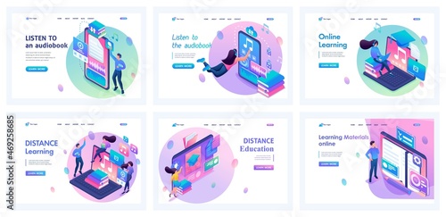Collection of landing pages. Girls and boys study online, take courses, marathons, and improve their skills. Isometric characters