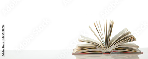 Open book on white background. Copy space for text