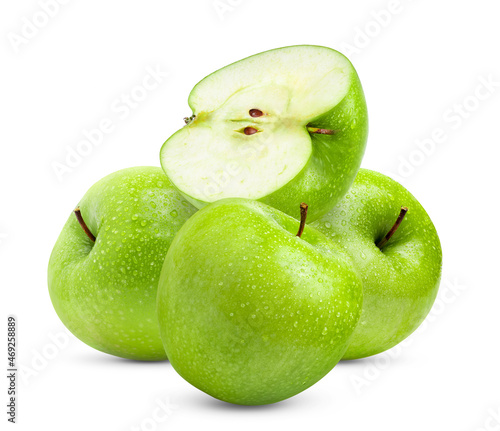 Green Apple on White Background with water drop in Full Depth of Field