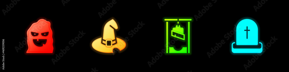Set Funny and scary ghost mask, Witch hat, Guillotine and Tombstone with RIP written icon. Vector Set Funny and scary ghost mask, Witch hat, Guillotine and Tombstone with RIP written icon. Vector