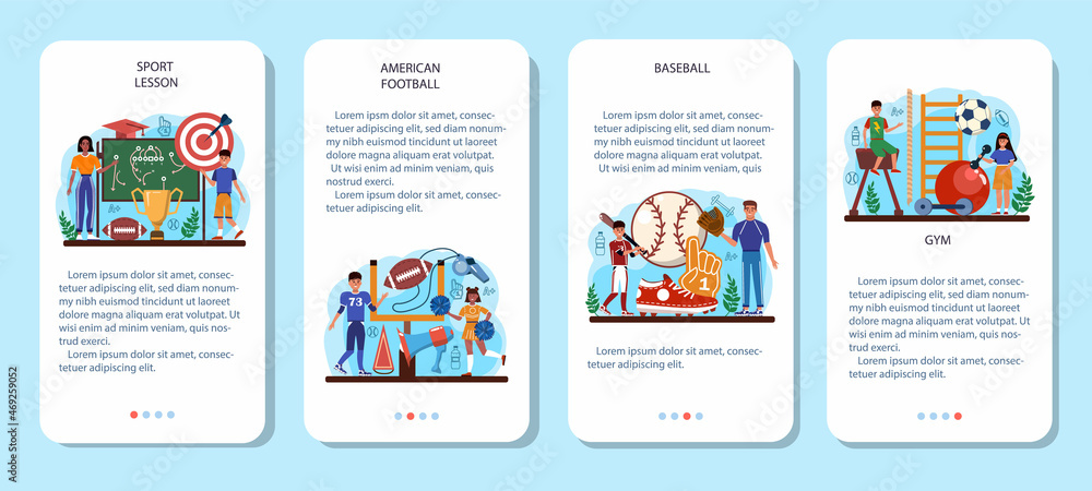 Physical education or school sport class mobile application banner set