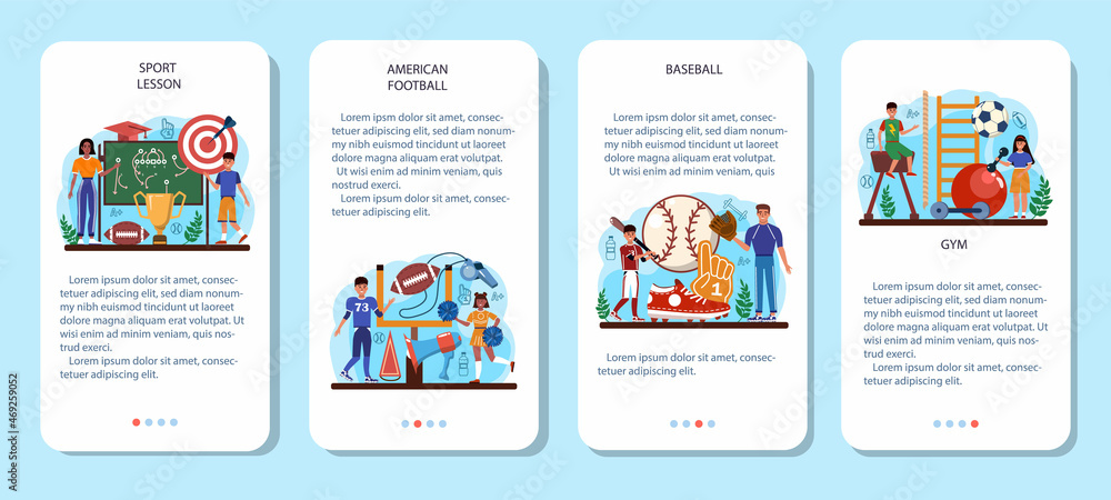 Physical education or school sport class mobile application banner set Physical education or school sport class mobile application banner set