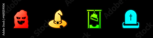 Set Funny and scary ghost mask, Witch hat, Guillotine and Tombstone with RIP written icon. Vector