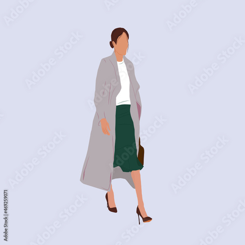 A business woman in a coat, green skirt, white blouse and brown shoes. Vector illustration.