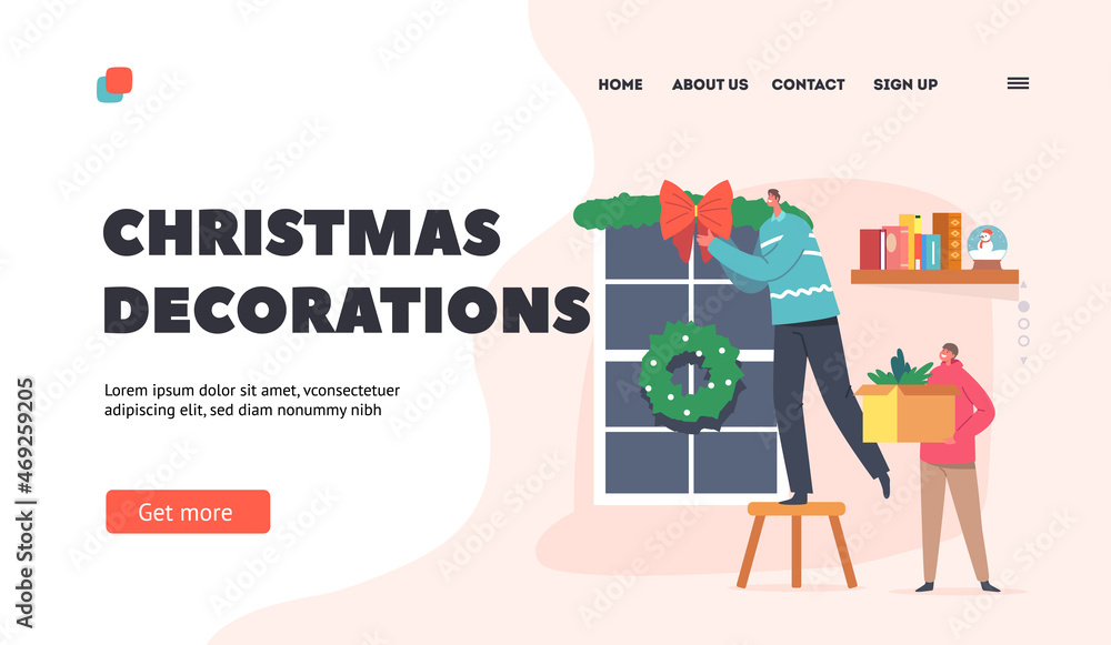 Christmas Decorations Landing Page Template. Father with Son Decorate Home, Happy Family Decorating Room for Holidays