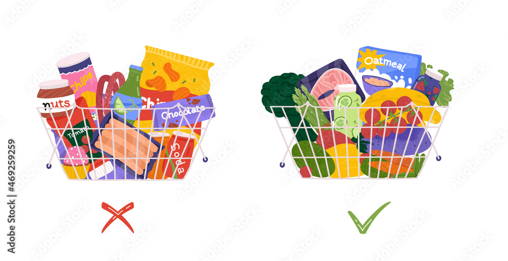 Choice between healthy and unhealthy products concept. Vegetables vs fast food in the supermarket. Detox diet for female based on right proteins, fats, oils and carbohydrates. Meal helps loose weight Choice between healthy and unhealthy products concept. Vegetables vs fast food in the supermarket. Detox diet for female based on right proteins, fats, oils and carbohydrates. Meal helps loose weight