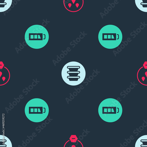Set Water drop forbidden, Bowl and Battery on seamless pattern. Vector